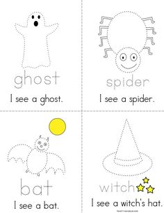 four different pictures with the words i see a bat, ghost and spider