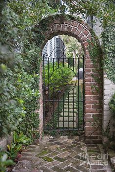 an iron gate leading to a brick building with green plants growing out of it's sides