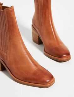 Set on a block heel, this pair brings a modern finish to a wear-everywhere style. Style them with bohemian-inspired separates for a look that's equal parts relaxed and polished. Leather upper, insole, sole Stacked leather heel Pull-on styling Imported Boot is a little lighter in person Dimensions: Heel Height: 1.5" Sha Light Brown Boots Outfit, Light Brown Boots, Stacked Heel Boots, Tan Ankle Boots, Fall Boots, Forward Thinking, Shoe Obsession, Boots Outfit, Heeled Ankle Boots