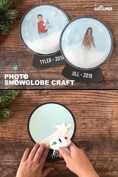 two snow globes that have people in them and the words photo snow globe craft on them