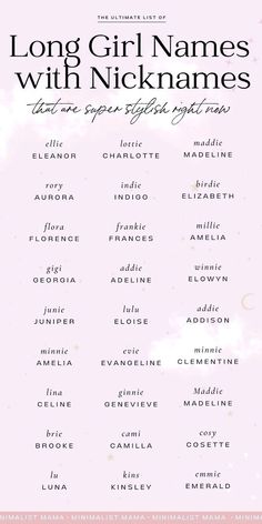 the long girl names with nickannes are in pink and white, against a cloudy background