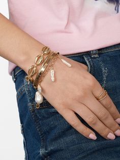 Caye Pearl Bracelet | BaubleBar Gold Bracelet Set, Gold Cuffs, Ring Fit, Bangle Set, Summer 2019, The Gold, Steel Chain, Pearl Bracelet, Bracelet Set