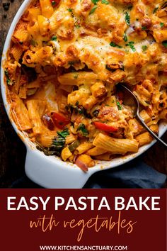 easy pasta bake with vegetables in a white casserole dish on a wooden table