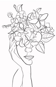 a drawing of a woman's face with flowers in her hair