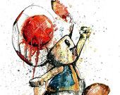 a painting of a teddy bear holding a soccer ball with blood dripping all over it