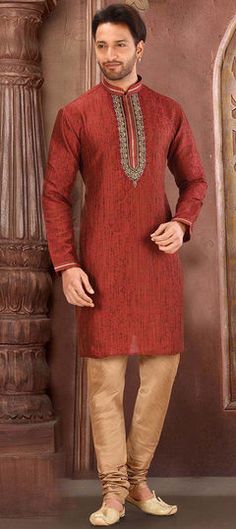 Red and Maroon color Kurta Pyjamas in Mulberry Silk fabric with Embroidered, Thread, Zardozi work Red Art Silk Kurta With Resham Embroidery, Red Art Silk Kurta For Transitional Season, Red Unstitched Kurta With Intricate Embroidery, Red Kurta With Intricate Embroidery For Traditional Ceremonies, Red Kurta With Intricate Embroidery, Red Churidar With Intricate Embroidery And Straight Kurta, Red Traditional Churidar With Intricate Embroidery, Red Embroidered Straight Kurta For Eid, Red Art Silk Churidar For Traditional Ceremonies