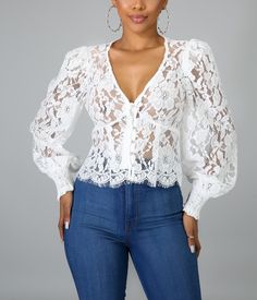 Lacey is as chic and feminine as you can get! Pair this top with your favorite pair of jeans and stiletto heels for the ultimate look. Material: 60% Cotton / 40% NylonModel is wearing a small Jeans Top Design, Casual Lace Top, High Neck Lace Blouse, Lace Blouse Styles, Lace Top Styles, Outfits Gorditas, Lace Blouses, Embroidery Blouses, Fancy Shirt