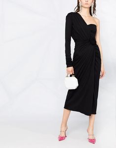 Experience effortless elegance with Dolce & Gabbana's One Shoulder Draped Midi Dress. Its asymmetrical silhouette offers on-trend style a unique look and feel, perfect for standing out in crowd. Constructed an eye-catching one-shoulder design, this jet black dress is sure to make statement. Draped Midi Dress, Draped Midi Dresses, One Shoulder Midi Dress, Midi Dress Black, Asymmetrical Design, Unique Dresses, Black Midi Dress, Jet Black, Black Fabric