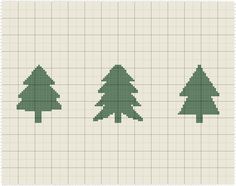 three cross stitch christmas trees in green on a beige background with white grids to match the pattern