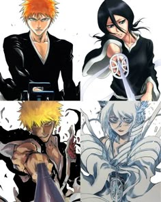 four different anime characters with swords in their hands