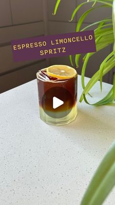 a glass filled with liquid sitting on top of a table next to a potted plant