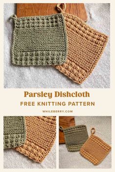 three pictures showing different crocheted dishcloths with text that reads parsley dishcloth free knitting pattern