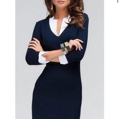 Brand: Fray “Look Elegant With Ease In This Exquisite Blue Pencil Dress! Made From A Cotton Blend For Ultimate Fit And Comfort.” Navy Blue Fitted Dress, With White Split Neck Collar V Neckline 3/4 Sleeves With White Cuffs Package Never Opened! Size M From Fray Website, These Should Be The Measurements: Size M = Us Size 8-10 Bust 37” Waist 28“ Hips 39” This Product Has Only Received 5 Star Reviews, As You Can See If You Visit The Fray Website. Estimated Retail Price: $68 Elegant Blue Bodycon Office Dress, Elegant Blue Bodycon Dress For Work, Elegant Blue Bodycon Dress For Office, Chic Blue Bodycon Office Dress, Chic Blue Bodycon Dress For Office, Blue V-neck Office Dress, Elegant Navy Mini Dress For Formal Occasions, Blue V-neck Dress For Office, Elegant Navy Mini Dress For Work