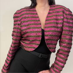 Amazing Piece. Pictures Don’t Do Justice! The Beading Effect Works Like Stripes. The Pink Color Is A Perfect Valentino Pp. Look At The Sleeves Ruched Towards The Top Making It A Balloon. Non Removable Shoulder Pads. No Hitched Closing. All Beading Is Intact. Fits Like A A Size 4-6. Vintage Size Says 12 But Fits Like A 4-6 Offers Welcome! Spring Beaded Outerwear For Parties, Spring Party Beaded Outerwear, Festive Fitted Beaded Outerwear, Fitted Beaded Evening Outerwear, Pink Embellished Fitted Outerwear, Fitted Pink Embellished Outerwear, Fitted Long Sleeve Beaded Outerwear, Vintage Bolero Jacket, Spring Vintage Beaded Outerwear