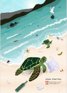 an image of a turtle on the beach with garbage in it's back ground