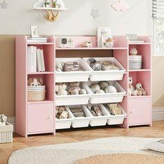 a child's room with pink shelves and toys