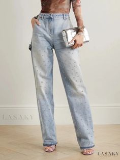 Lasaky - Stylish High-Waisted Denim Pants with Beaded Design and Straight-leg Silhouette Full Length Jeans, Jeans Fabric, Faded Jeans, Embellished Jeans, Long Jeans, Straight Leg Denim, Blue Outfit, Jeans Online, Dress Cover