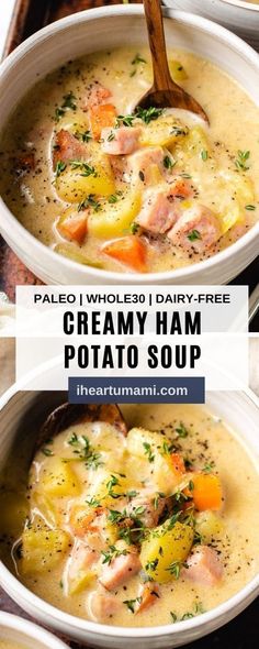 two bowls of creamy ham potato soup with text overlay