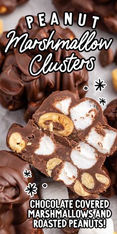 chocolate covered marshmallow clusters with text overlay that reads, peanut marshmallow clusters