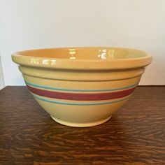 a yellow bowl sitting on top of a wooden table next to a white wall and brown floor