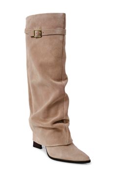 A slouchy, fold-over shaft enhances the modern allure of a knee-high boot styled with a pointy toe and tapered block heel. 3" heel 13" shaft; 10" calf circumference Cushioned footbed Leather upper, lining and sole Imported Style Cowgirl Boots Outfits, Cute Fall Shoes, Foldover Boots, Neutral Boots, Dust Bunny, Cowgirl Boots Outfit, Classy Fall Outfits, Boots Nordstrom, Bold Shoes