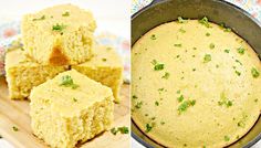 two pictures side by side, one with cornbread and the other with green herbs