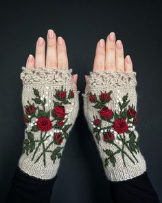 Beige Gloves Dark Red Roses, Fingerless Gloves, Knitted Mittens, Clothing And Accessories, Gloves & Mittens, Gift Ideas, For Her. READY TO SHIP These unique hand knitted accessory can be a wonderful accent to Your clothes :) Gloves are: length: 18 cm (7.25 inches); circumference of the wrist: 14-16 cm (5.5-6.5"). fiber composition: 60% wool, 40% acrylic; colors:  beige background; 2 shades of red, green; size: S. This is my own design. I recommend hand washing in lukewarm water and air drying. T Ivory Gloves, Beige Gloves, Alana Blanchard, Knitted Fingerless Gloves, Bruges Lace, The Mitten, Embroidered Roses, Crochet Fingerless Gloves, Fingerless Gloves Knitted