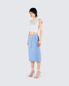 Simple, but chic 👏 Pairing an ivory sweater pattern top with a blue column midi denim skirt - this fit is the perfect casual everyday look to dress up or down 💙 Chic White Denim Skirt For Work, Chic Knee-length Denim Skirt For Summer, Trendy Midi Length Denim Skirt, Trendy Midi-length Denim Skirt For Spring, Trendy Midi Denim Skirt For Spring, Trendy Spring Denim Midi Skirt, Spring Denim Blue Midi Length Denim Skirt, Chic Midi Denim Skirt For Spring, Chic Knee-length Denim Blue Skirt