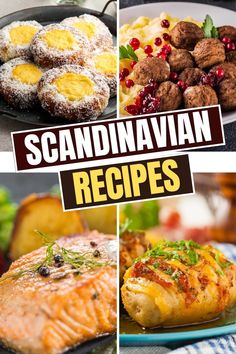 there are many different pictures of food on the plate and in the background is text that says scandinavian recipes