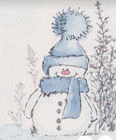 a drawing of a snowman wearing a blue hat and scarf