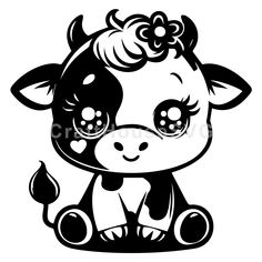 a black and white cow with big eyes sitting on the ground, wearing a flower in her hair