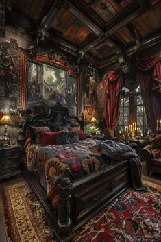 an ornate bedroom with red curtains and furniture