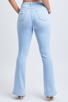 Introducing our first ever… Hybrid Denim! Our Dream Collection is everything you have ever wanted in your denim. 100% Cotton, perfect distressed, rigid denim on the front and comfortable, butt-hugging, stretch denim on the back. Simply put, these Women's Vintage Dream High-Rise Flare Jeans will give you the best of both worlds. Featuring a high-rise, flare fit, classic five-pocket construction, trending distressed pockets, single-button closure with front zip, artful destruction at knees, and be Stretch Mid-rise Denim Jeans, Non-stretch Light Wash Flare Jeans With Five Pockets, High Rise Medium Wash Flare Jeans, High Rise Medium Wash Denim Flare Jeans, Light Wash Mid-rise Jeans, Mid-rise Non-stretch Washed Blue Jeans, Light Wash Non-stretch Mid-rise Jeans, Trendy Stretch Light Wash Jeans, Trendy Denim Blue Rigid Flare Jeans