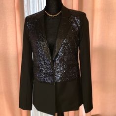 18” Pit To Pit, 26” Shoulder To Bottom Hemline. One Button Closure. Fully Lined Night Out Blazer With Notch Lapel And Button Closure, Tuxedo Style Long Sleeve Blazer For Night Out, Tuxedo Blazer With Long Sleeves For Night Out, Tailored Party Blazer With Buttons, Tuxedo Style Blazer With Sequins, Fitted Sequin Blazer For Workwear, Sequined Tuxedo Blazer With Long Sleeves, Black Notch Lapel Outerwear For Party, Tuxedo-style Long Sleeve Outerwear For Night Out