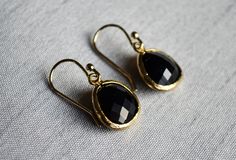 "These beautiful black onyx earrings are perfect for a wedding, birthday, anniversary, graduation or for any occasion. The silver, gold or rose gold plated onyx earring pendants are made of gorgeous black glass. The stones each measure 12.5x16mm and the earring post/hooks measure 20mm. These earrings are so dainty and very pretty - perfect for everyday wear. You can choose the earring finish when checking out. You can also add a personalized matching onyx necklace to your order by selecting the Elegant Onyx Earrings For Party, Classic Onyx Jewelry For Party, Black Drop Earrings For Anniversary, Minimalist Onyx Earrings For Gift, Minimalist Onyx Earrings As Gift, Classic Onyx Earrings Gift, Nickel-free Black Jewelry For Wedding, Black Elegant Earrings For Anniversary, Classic Black Earrings For Wedding