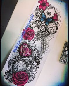 a tattoo design with roses and butterflies on the side of a piece of paper that says happy valentine's day