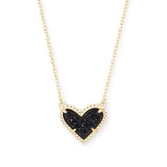 Kendra Scott | Ari Heart Gold Pendant Necklace in Black Drusy - Giddy Up Glamour Boutique Black Heart Kendra Scott Necklace, Black Heart Jewelry, Kendra Scott Black Necklace, Black Kendra Scott Necklace, Kendra Scott Heart Necklace, Kendra Scott Necklace Black, Black Heart Necklace, Short Pendant Necklace, Coastal Jewelry