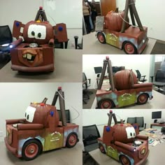 four pictures of a tow truck made out of cardboard