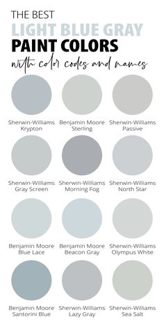 the best blue gray paint colors for walls and ceilings, with text overlaying them