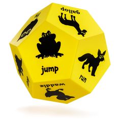 a yellow and black dice with different animals on it's sides that says, don't jump