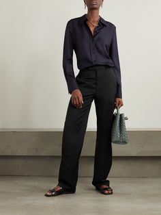 Each of RÓHE's designs are a lesson in elevated minimalism. Tailored from wool and mohair-blend crepe, these pants sit high on the waist and fall to relaxed, straight legs. Style yours with a slim belt threaded through the loops. Sleek Silk Bottoms For Work, Sleek Silk Pants For Workwear, Chic Silk Dress Pants For Workwear, Silk Dress Pants With Pressed Crease For Work, Silk Straight Pants For Workwear, Silk Straight Pants For Work, Chic Silk Pants For Workwear, Silk Tapered Leg Pants For Work, Tapered Leg Silk Pants For Work