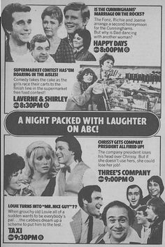 an advertisement for the tv show friends with laughter, starring actors from left to right