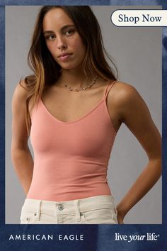 Soft & stretchy ribbed cotton blend/Bungee double spaghetti straps/Plunge v-neck/Snap closure at bottom/Thong bottom for a clean look under pants/This is Real Good: Made with the planet in mind & a promise to continue to do better. Versatile Seamless V-neck Tank Top, Seamless Elastane V-neck Tank Top, V-neck Seamless Elastane Bodysuit, Seamless Elastane V-neck Bodysuit, Solid Color Ribbed V-neck Bodysuit, Main Squeeze, Under Pants, American Eagle Outfitters, American Eagle