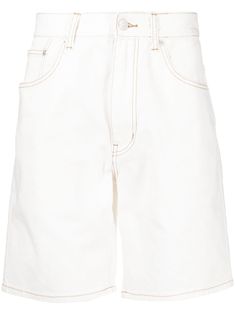 white cotton denim contrast stitching belt loops front button and zip fastening classic five pockets straight leg Womens Long Shorts, Knee Length Denim Shorts, Bermuda Jeans, Knee Length Shorts, Short Jeans, Straight Leg Denim, High Waisted Shorts Denim, Long Shorts, High Waisted Denim