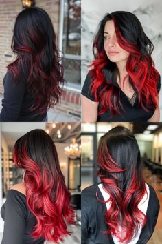 23 Gorgeous Long Ombre Haircuts for 2024 Black Hair Ideas With Color, Hair Color Ideas 2 Colors, Vivid Hair Color With Black, Red Ombre Hair With Bangs, Dark Hair Color Ideas For Long Hair, Red And Black Hair Color Ideas, Red Black Hair Color, Hair Trends 2024 Color