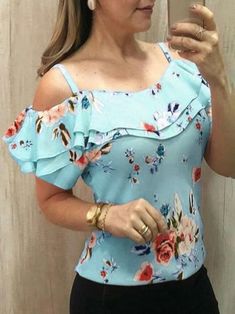 Off Shoulder Strap Print T-shirt Shopvhs.com Womens Fashion Casual Summer, Elegante Casual, Floral Print Tops, Trend Fashion, Slim Fit Shirt, Casual Blouse, Plus Size Shirts, Fashion Colours, Short Sleeve Blouse