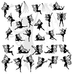 the silhouettes of fairy tinkerbells and their wings are shown in various poses