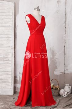 a - line v - neck red chiffon bridesmaid dress with open back