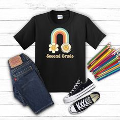 Second Grade Shirt, Rainbow Sunflower, Retro Rainbow, San Jose Ca, Second Grade, Kids Tops, San Jose, Teacher Gifts