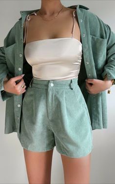 Tovil High Waisted Corduroy Shorts in Sage | Showpo USA Vintage Summer Outfits, Modest Summer Outfits, Corduroy Shorts, Latest Street Fashion, Chunky Boots, Clothing Hacks, Looks Style, Outfits Casuales, Look Cool